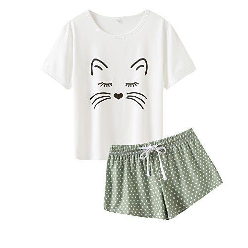 MyFav Summer Pyjamas for Women 2 Piece Cute Cat Sleepwear Pyjama Sleep Set XL Green