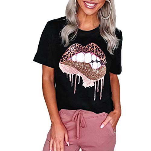 Fuyxxmer Womens Sequined Bling Sparkely Glittery Leopard Lips Graphic Print Casual Round Neck Short Sleeve Tee Tops T-Shirt Black X-Large