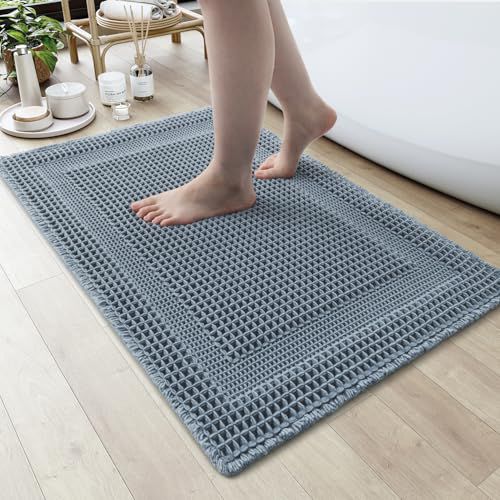 AMOAMI Waffle Bath-Mat, Absorbent Bath Mats for Bathroom Non Slip, Machine Washable Bathroom Rugs with Tassels Ultra Soft Boho Bath Rugs for Floor 18''x30'' Blue Blue 18''x30''