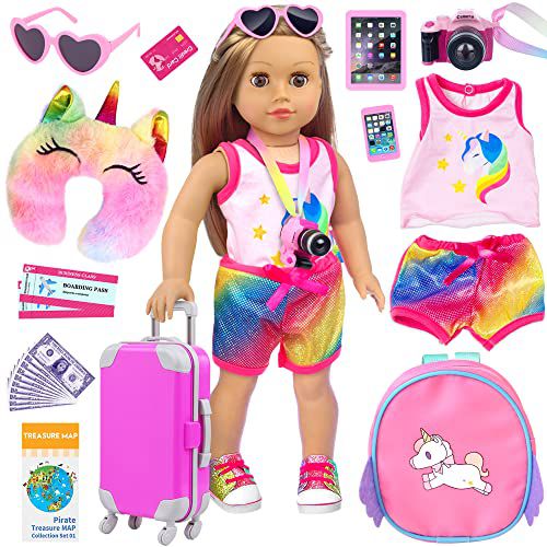 ZITA ELEMENT 24 Pcs 18 Inch American Doll Accessories Clothes and Suitcase Set Including 18 Inch Doll Clothes Suitcase Backpack and Other Travel Set Style 1