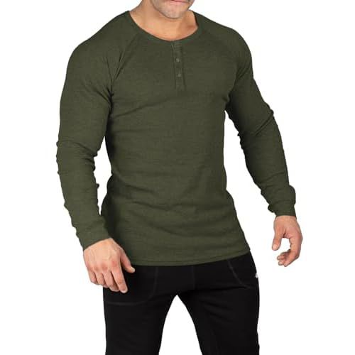 Muscle Cmdr Men's Lightweigt Waffle Henley Shirt Regular Fit Long&Short Sleeve Casual 3 Button Placket Underwear A-green X-Large