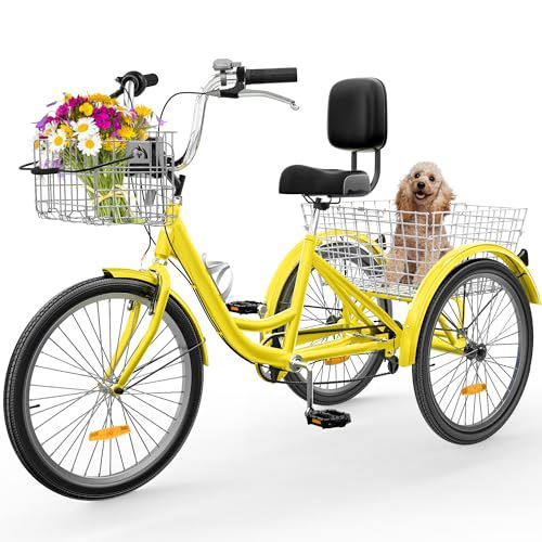 YITAHOME 7 Speed Adult Tricycle, 24 & 26 Inch 3 Wheel Bikes, Trike Bike for Adults with Removable Baskets, Cruiser Bike for Seniors Women Men Shopping Picnic Outdoor Sports