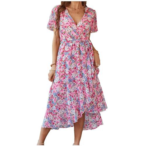 Summer Dresses for Women Floral Midi Dress Wedding Guest Dresses Beach Sundress Prom Dress Ruffle Slit Lace-up Casual Dresses