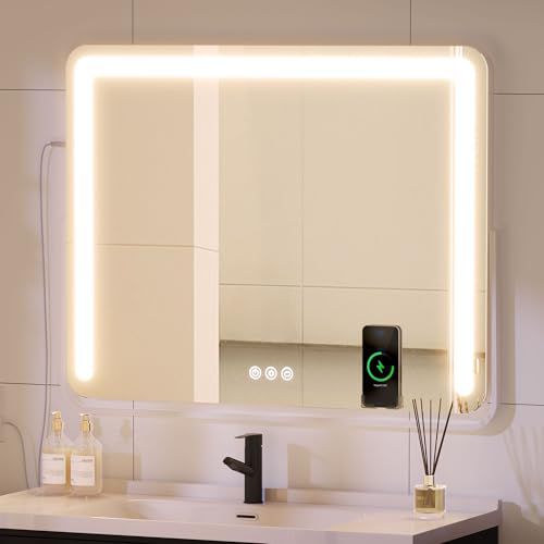 YITAHOME 28 x 22 LED Bathroom Mirror with Lights, Lighted Wall Mirror Bathroom Vanity Mirror with Bluetooth Speaker, Wireless Charger, USB & Type-C Charging Port, Dimmable, Memory Function L