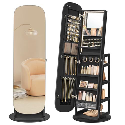 SONGMICS LED Jewelry Cabinet, 360° Swivel Jewelry Organizer, Lockable Mirror Jewelry Cabinet Standing, Rounded Wide Full-Length Mirror with Storage Shelves, Interior Mirror, Ebony Black UJJC