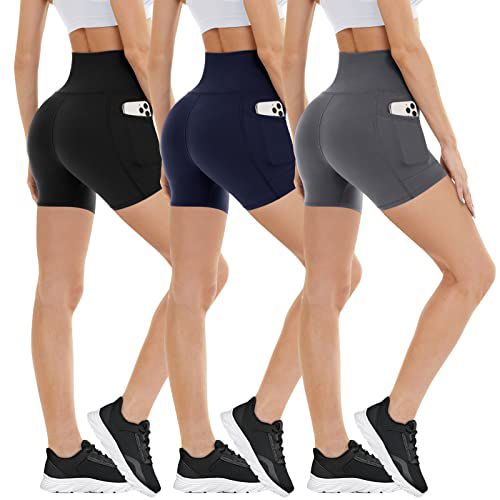 3 Pack Biker Shorts with Pockets for Women – 8"/5" High Waisted Tummy Control Workout Spandex Shorts for Gym Yoga 5 IN Small-Medium Black/Dark Grey/Navy Blue