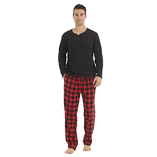 LANBAOSI Pajamas for Men Set Long Sleeve Henley Microfleece Shirt Plaid Flannel Pants Comfy Pjs Sleepwear Plush Loungewear Black+red Large