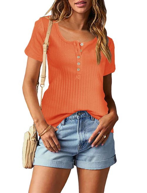 Topstype Short Sleeve Henley Tops for Women Summer T Shirts Trendy X-Large Orange