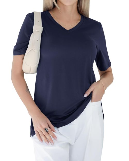 GAYHAY Womens V Neck T Shirts Oversized Loose Fit Short Sleeve Tops Casual Summer Vacation 2025 1-navy Blue Small
