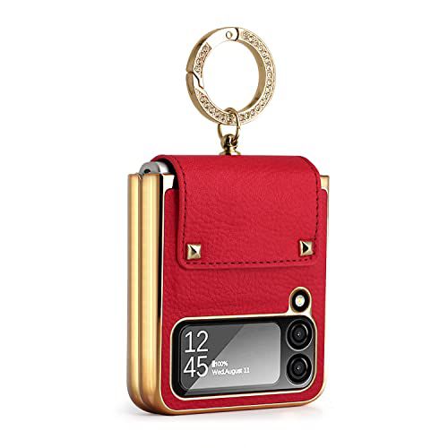 for Samsung Galaxy Z Flip 3 5G with Luxury Sparkle Ring and Red Soft Leather,Golden Bumper Shockproof Protector,Great Gift for Women Ladys Grils