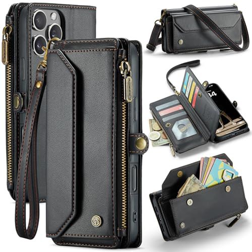 for iPhone 16 Pro Max Case with 10 Card Slots RFID Blocking Magnetic Closure Zipper Cash Bills Pocket, Premium PU Leather with Crossbody Wristlet Strap - Black Black iPhone 16 Pro Max