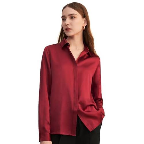 LilySilk Silk Blouse for Women 100% Pure Silk Long Sleeves Cool Smooth Tops Claret Medium