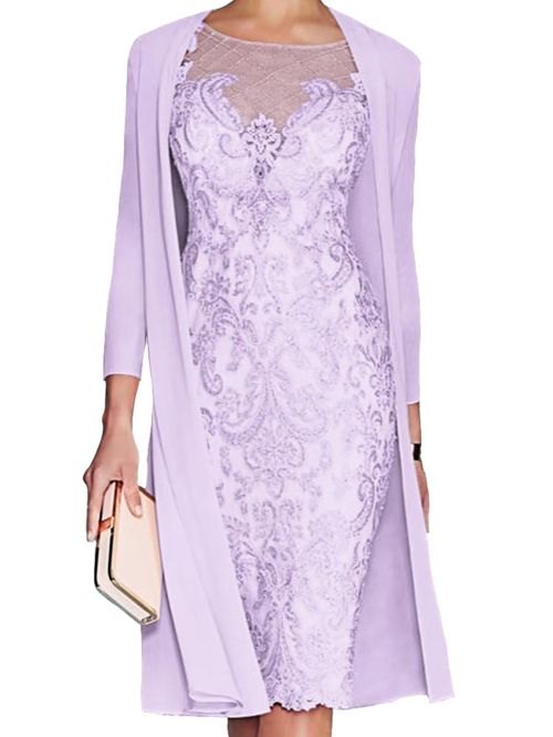 2 Piece Beaded Lace Mother of The Bride Dresses for Wedding with Jacket 3/4 Sleeve Chiffon Evening Formal Gown Lavender 26 Plus