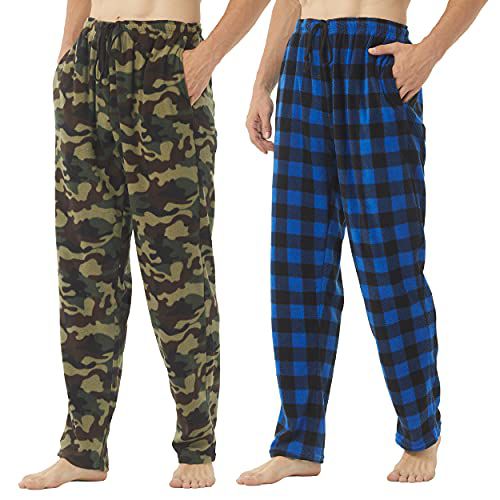 YUSHOW 2-3 Pack Mens Pajama Pants Mens Fleece Plaid Lounge Pajama Bottoms Sleepwear Pjs with Pockets X-Large 2 Pack-blue/Camo