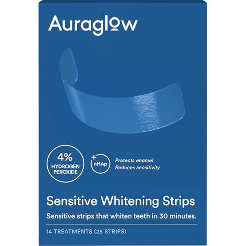 Auraglow Sensitive Teeth Whitening Strips, Sensitivity Free Whitening, 14 Whitening Treatments, 4% Peroxide with Nano Hydroxyapatite (nHAp) to Reduce Sensitivity and Protect Enamel, 28 Strip