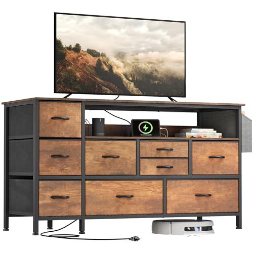 YITAHOME Dresser TV Stand with Power Outlet for 55'' TV, 9 Drawer Dresser for Bedroom, Media TV Console Table with Side Pockets & Hooks, Fabric Dresser Chest of Drawers for Bedroom, Living R
