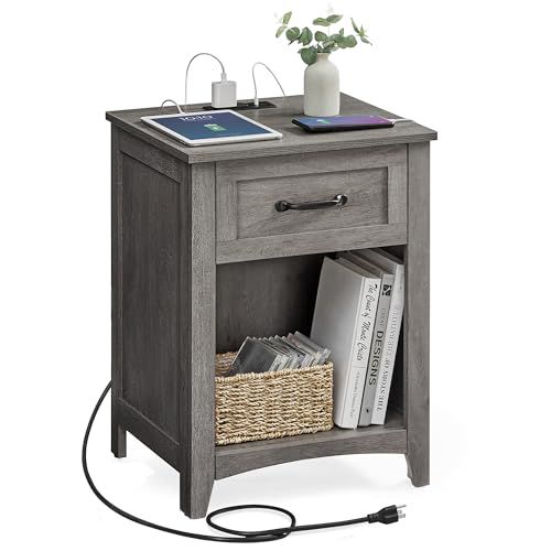 VASAGLE LIRY Collection - Farmhouse Nightstand with Charging Station, Bedside Table, Side Table with Drawer, Open Compartment, for Bedroom, Misty Gray ULET659G68 Misty Gray 1 pack
