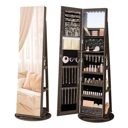 SONGMICS 6 LEDs Lockable Mirror Jewelry Cabinet, 360° Swivel Jewelry Organizer Armoire Standing, Frameless Full-Length Mirror, 3 Storage Shelves, Ash Brown Surface, Black Lining UJJC007K02 A