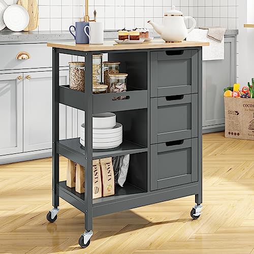 YITAHOME Small Solid Wood Top Kitchen Island Cart on Wheels with Storage, Rolling Portable Dining Room Serving Utility Carts Mobile Movable with 3 Drawers Cabinet, Gray 26.7"W Gray
