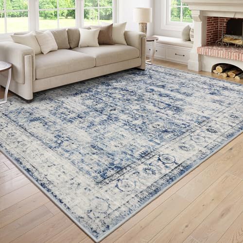 Lahome Blue Area Rug for Living Room 6x9 Machine Washable Area Rugs Living Room Rug,Vintage Distressed Soft Rubber Backing Stain Resistant Indoor Carpet for Office 6' x 9' Blue