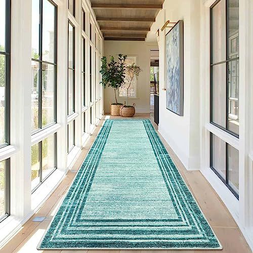 Lahome Modern Abstract Runner Rug, 2.5x10 Teal Long Kitchen Runner Non Skid Washablel Rug Runners for Hallways, Low Pile Soft Entryway Rug Indoor Floor Carpet Runner 10ft for Bedroom Laundry