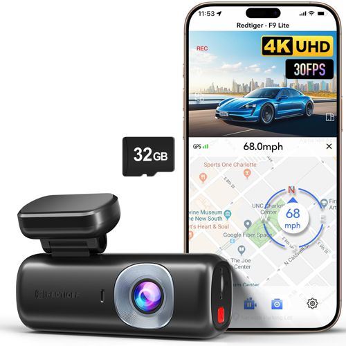 REDTIGER 4K Dash Cam Front, ADAS, Built-in WiFi GPS, Mini Hidden Dash Camera for Cars with G Sensor, 24H Parking Monitor, Free 32GB Memory Card, APP Control, Loop Recording, Night Vision (F9