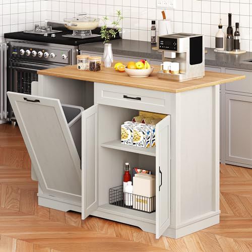 YITAHOME 50 Inch Rolling Kitchen Island with Trash Can Storage Cabinet & Drop Leaf, Portable Mobile Islands Table Long Floating Movable w Wheels Drawer Cabinet for 13 Gallon Garbage Bin, Off