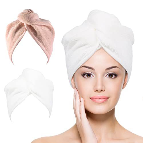 Ultra Plush Microfiber Hair Towel Wrap for Women, 2 Pack 10 inch X 26inch Purple, Ultra Absorbent Twist Hair Turban Drying Cap Hair Wrap, For Drying Curly, Long & Thick Hair (Peachy beige+Wh