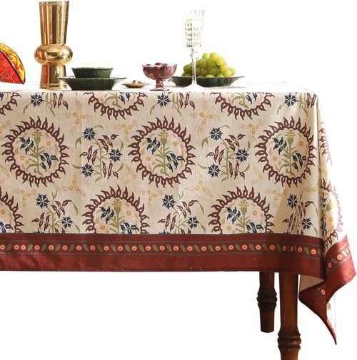 Luxury Velvet Red Decor Table Cloth Rectangle Table,Reddish Brown Floral Vintage Pattern Table Cover,Fabric Decoration Tablecloth for Kitchen,Parties,