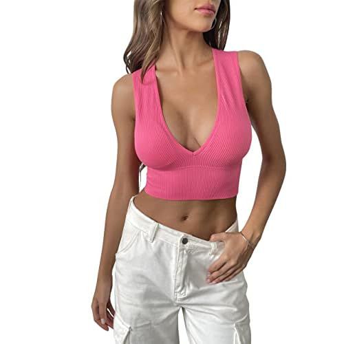 Venbond Women's Sexy Sleeveless Seamless Crop Top Deep Plunge V Neck Ribbed Tank Top with Removable Pads Hot Pink Medium