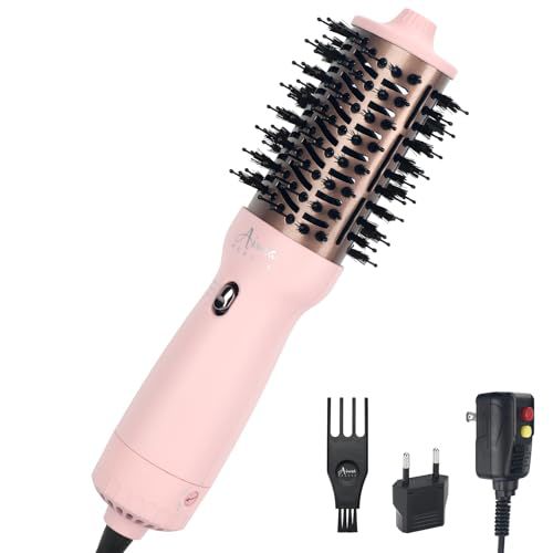 Aima Beauty Travel Hair Dryer Brush Dual Voltage Blow Dryer Brush Hot Air Brush with Oval Barrel 360°Airflow for Smooth, Negative Ionic Frizz-Free Drying/Straightening/Voluming, Pink