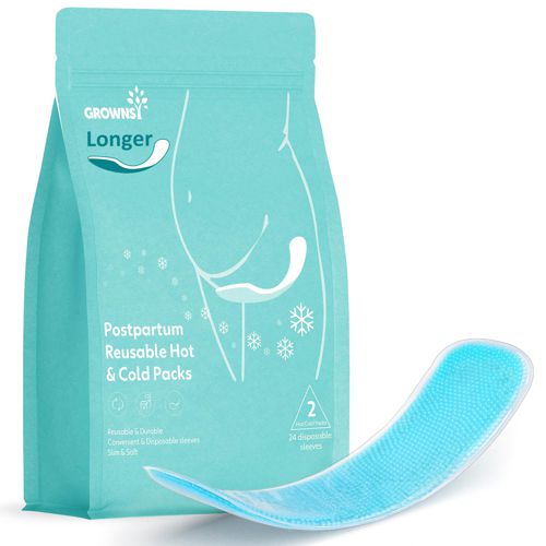 Grownsy Heating & Cooling Postpartum Essentials - 2PCS Perineal Ice Pack Pads with 24 Disposable Sleeves, Reusable Ice Maxi Pads for Postpartum Relief