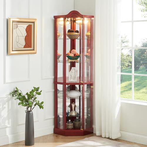 Lighted Display Curio Cabinet: Tall Corner China Cabinets with Glass Doors | Wood Arched Curio Storage Cabinet with Adjustable Shelves for Living Room - Cherry 71.9" Arched Top Cherry