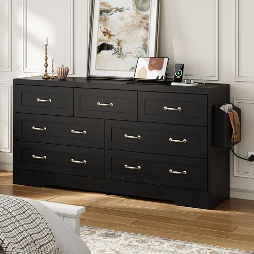 YITAHOME Drawers TV Stand for 65 inches with Power Outlets -Chest of Drawers Dresser with Side Organizer Bag Entertainment Center TV Console, Black Black 15.7"D x 59.7"W x 31.5"H (7 Drawers)