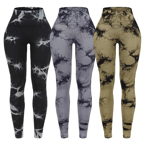 OVESPORT 3 Pack Tie Dye Seamless High Waisted Workout Leggings for Women Scrunch Butt Lifting Yoga Gym Athletic Pants Small Black/Gray/Light Brown