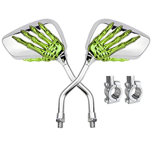 Pairs of Distinctive Skull Skeleton Hand Bicycle Mirror, Rearview Side Mirror Handlebar Mirror Mount Holder Clamp Adaptor 10mm for Scooter Moped Bike Standard Bike Motorcycle Green