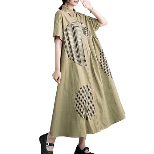 ellazhu Women's Short Sleeves Button Down Patchwork Pattern Print Shirt Dress GZ151 Small-X-Large Khaki