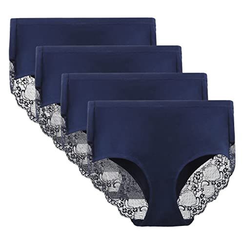 Women's 4 Pack Combed Cotton Breathable High Rise Lace Full Coverage Brief Panty Underwear Blue Medium