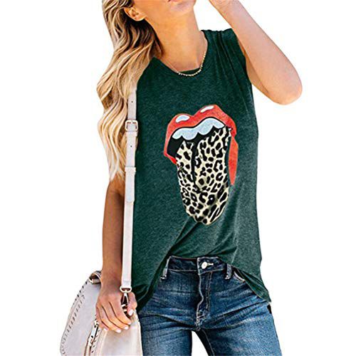 Fuyxxmer Women Red Lip Leopard Tongue Graphic Print Tank Top Round Neck Sleeveless Tee Shirt for Women Green Medium