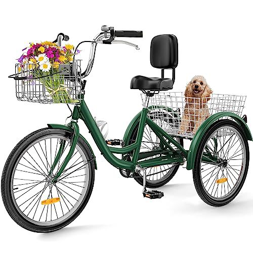 YITAHOME Adult Tricycle, 24 & 26 Inch 3 Wheel Bikes, 1 Speed Trike Bike for Adults with Removable Baskets, Cruiser Bike for Seniors Women Men Shopping Picnic Outdoor Sports