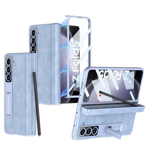 for Samsung Galaxy Z Fold 5 Case with Magnetic Hinge Protection & Built-in Front Screen and Kicstand,Hidden S-Pen Slot and Frosted Slim Texture Case.(Sky Blue)