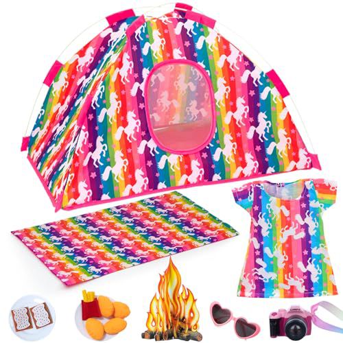 K.T. Fancy 8 PCS 18 Inch Girl Dolls Camping Tent Set Clothes and Accessories Including Doll Tentage, Doll Clothes, 2 Food Set, Sunglasses, Camera, Picnic Blanket and Bonfires