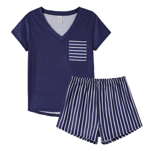 YIJIU Women Short Sleeve Tee and Shorts Pajama Set Cute Alpaca Print Sleepwear X-Large Blue Stripe