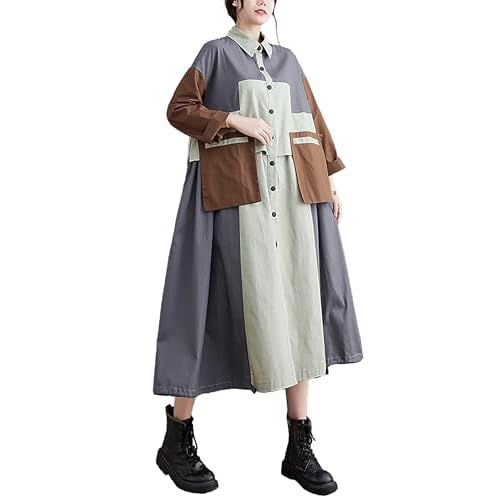 ellazhu Women's Shirt Dress Button Down Lapel Color Block Two Side Pockets Loose Oversize Fall GZ246 Grey Small-X-Large