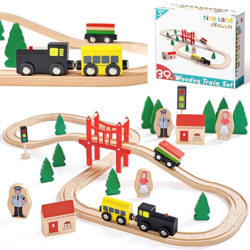 Tiny Land Wooden Train Set for Toddler - 39 Pcs- with Wooden Tracks Compatible with Major Brands - Expandable, Changeable-Train Toy for 3 4 5 Years Old Girls & Boys 39pcs Wooden Train Set