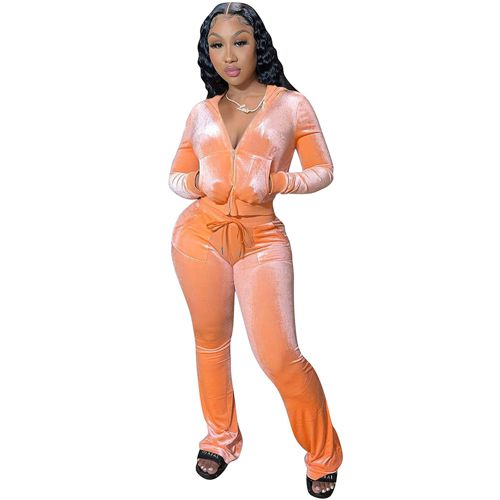 yidengymx Womens 2 Piece Velour Tracksuit Two Piece Outfits for Women Long Sleeve Zip Up Crop Tops Sweatpants Sets Pockets Hoodie/Wide Leg Pants-orang