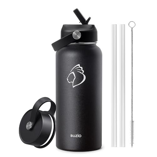 BUZIO Stainless Steel Water Bottle (Cold for 48 Hrs, Hot for 24 Hrs), 32 oz Vacuum Insulated Water Bottle with Straw Lid and Flex Cap (Double Wall, Wide Mouth, BPA Free, Leak Proof), Black 3