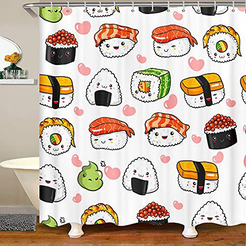 Kids Cute Sushi Shower Curtain Boys Girls Japanese Style Kawaii Decor Bathroom Curtain for Lovely Sushi Pink Heart Bath Curtain Cartoon Waterproof Fabric Curtain Stalls Bathtubs Decor 72"x72