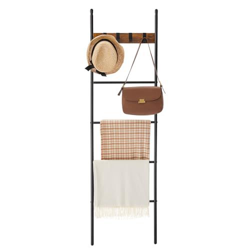 VASAGLE Blanket Ladder, 5-Tier Ladder Shelf, Decorative Ladder with 4 Removable Hooks, Metal Frame, Industrial Style, Rustic Brown and Black ULLS016B01
