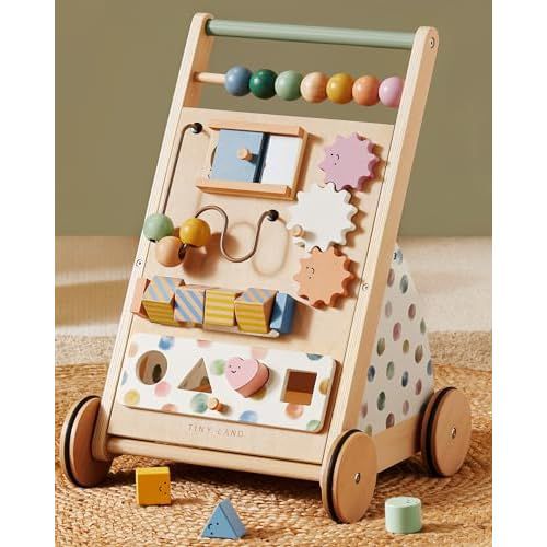 Tiny Land Wooden Baby Walker, Adjustable Speed Baby Push Walker for Boys and Girls, Montessori Activity Center Push Toy for Kids Development (Morandi)